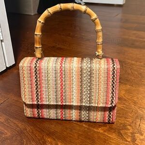 Woven Style Hand Bag or Crossbody Purse. Crochet with wooden handle.